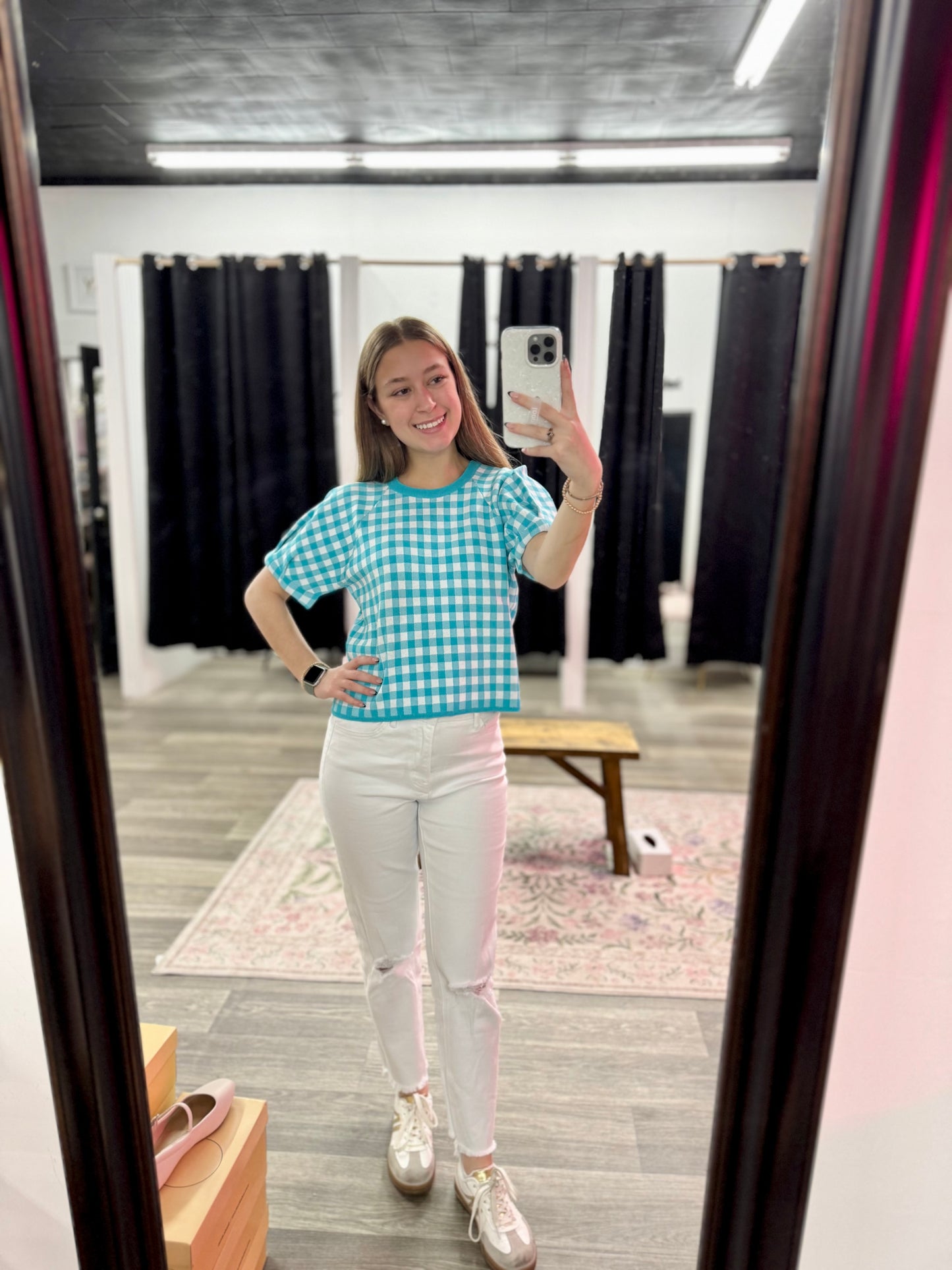 Aqua Gingham Top