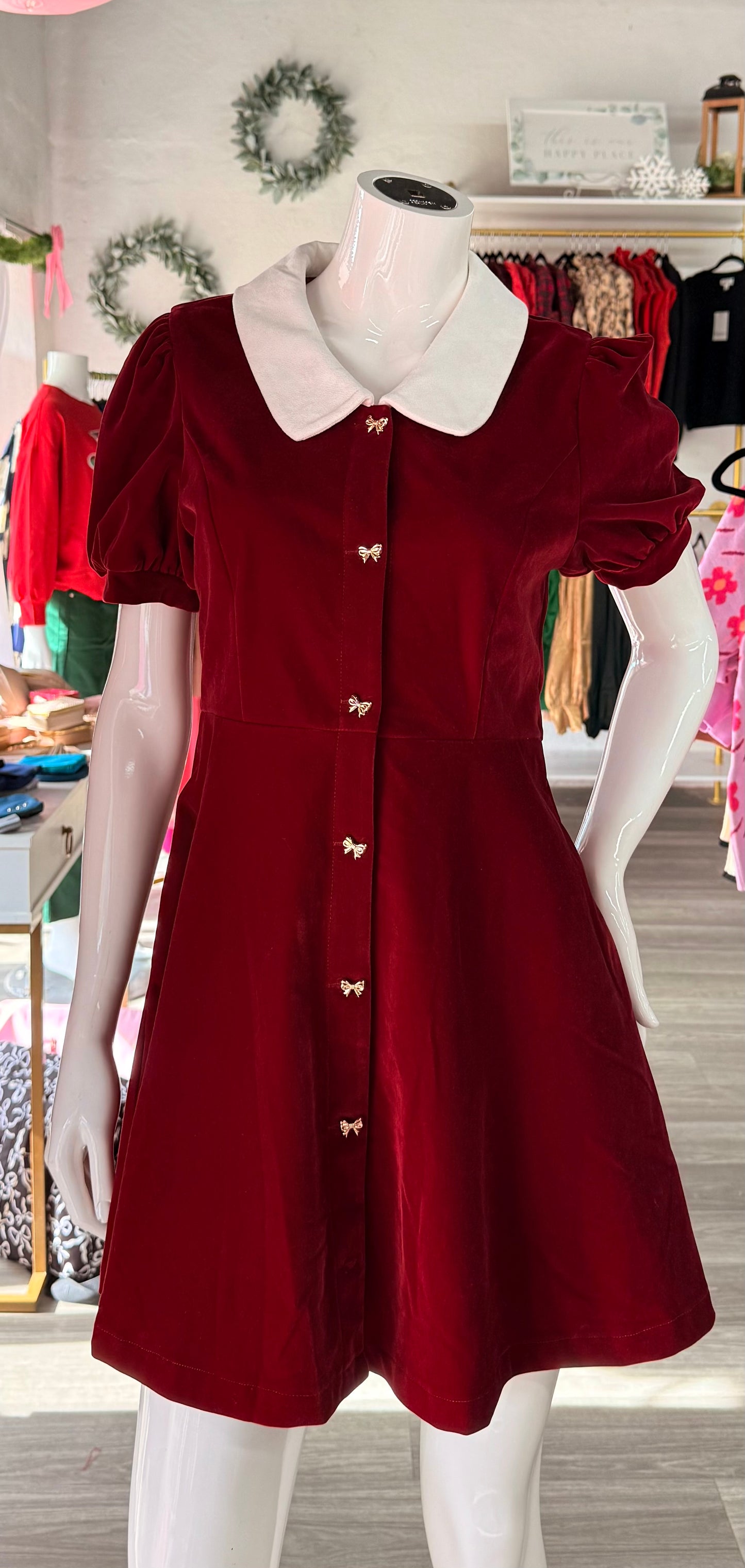 Burgundy Velvet Bow Button Dress