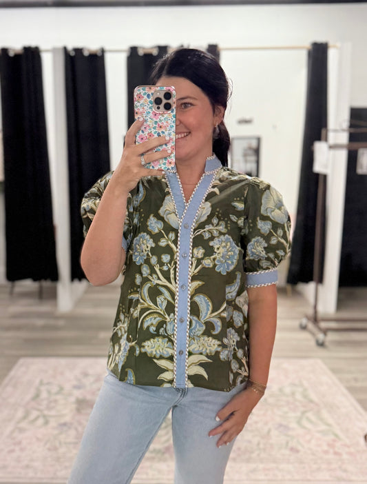 Olive Floral Detail Top