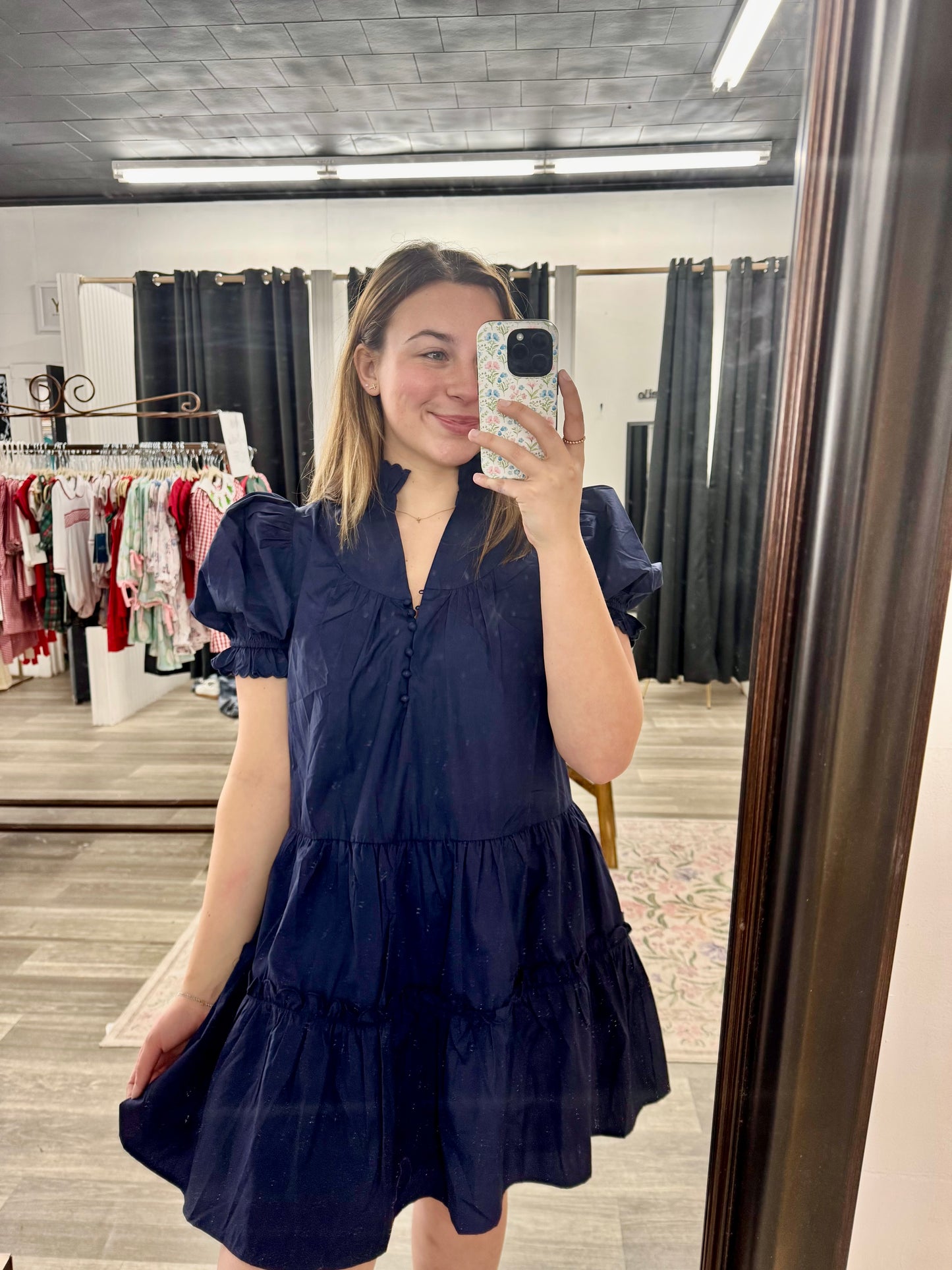 Navy Puff Sleeve Dress