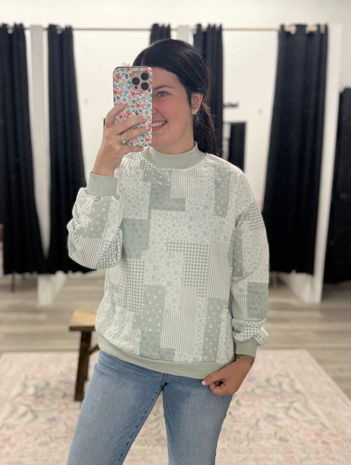 Sage Green Floral Patchwork Mock Neck Sweatshirt