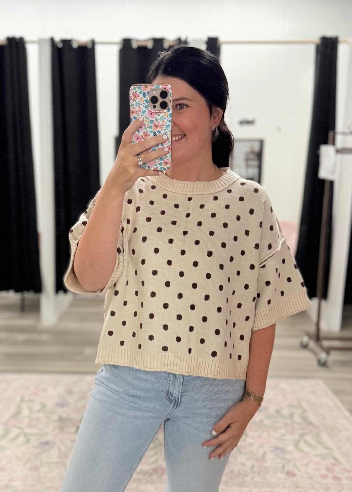 Ecru Brown Polka Dot Sweater Top
