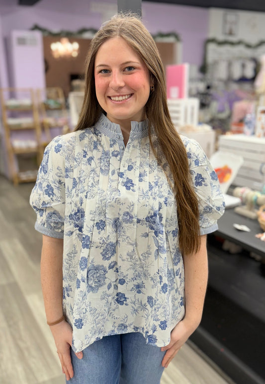Blue & Off White Toile Floral Top