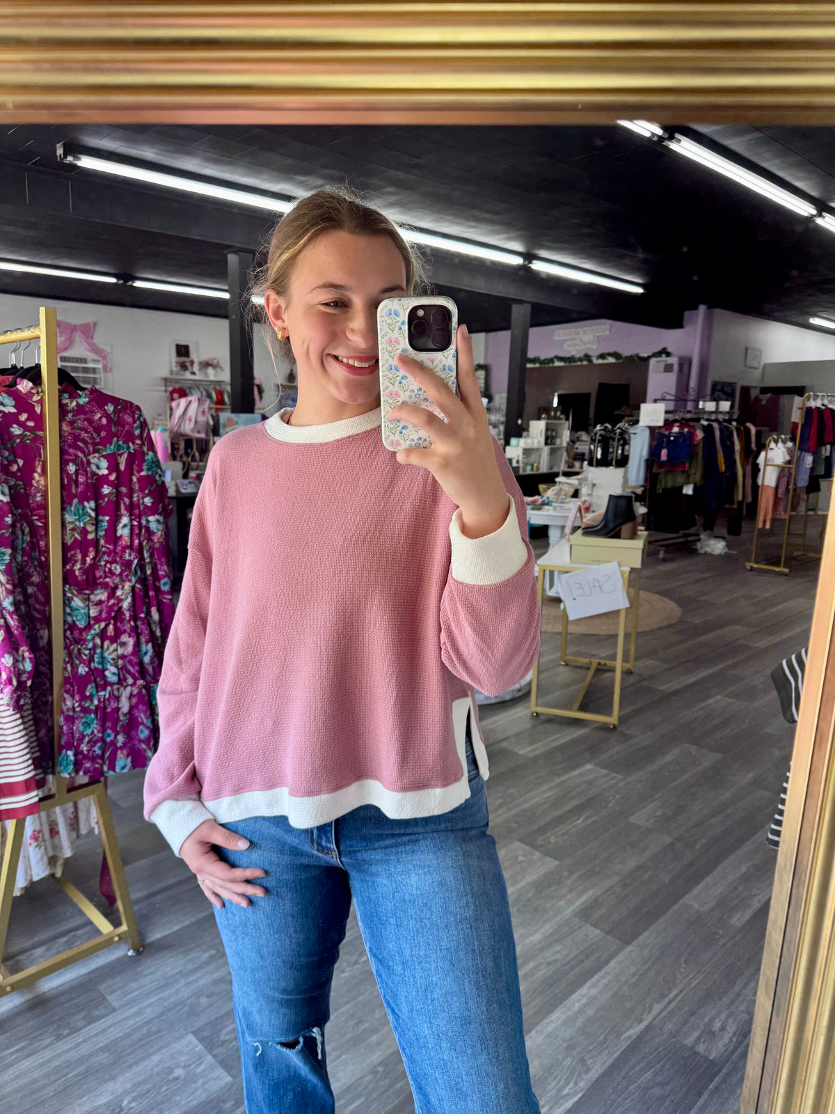 Mauve & Cream Cloudy Knit Long Sleeve Top
