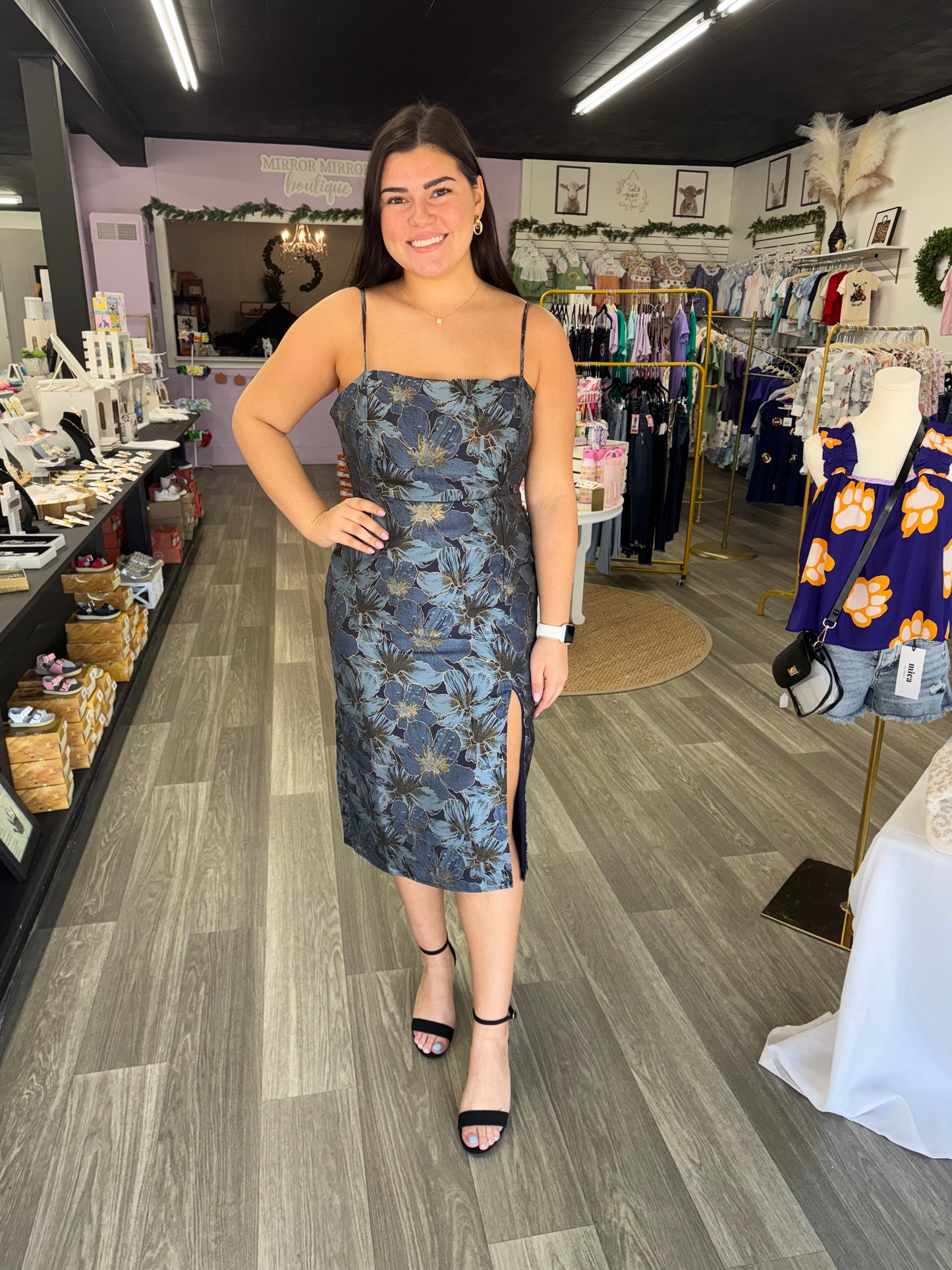 Navy & Gold Jacquard Slit Dress