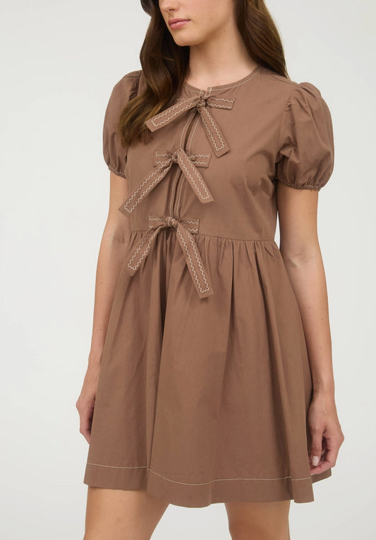 Brown Front Tie Babydoll Dress