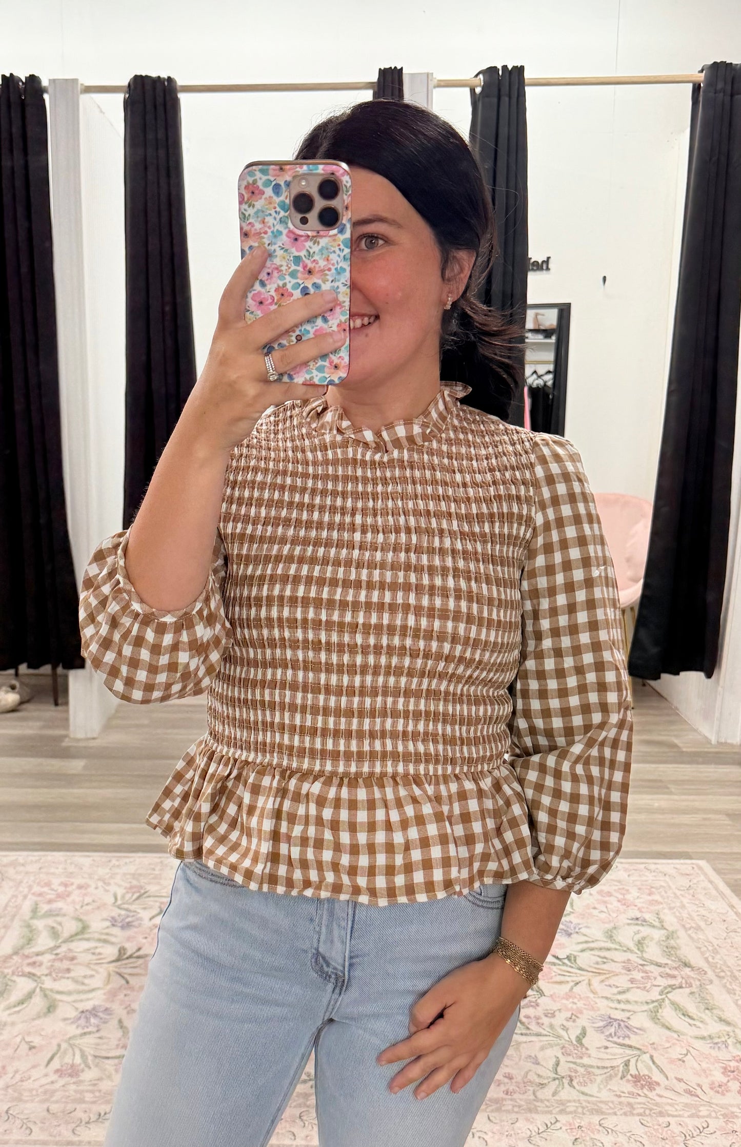 Brown Gingham Smocked Top