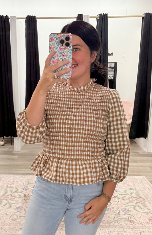Brown Gingham Smocked Top