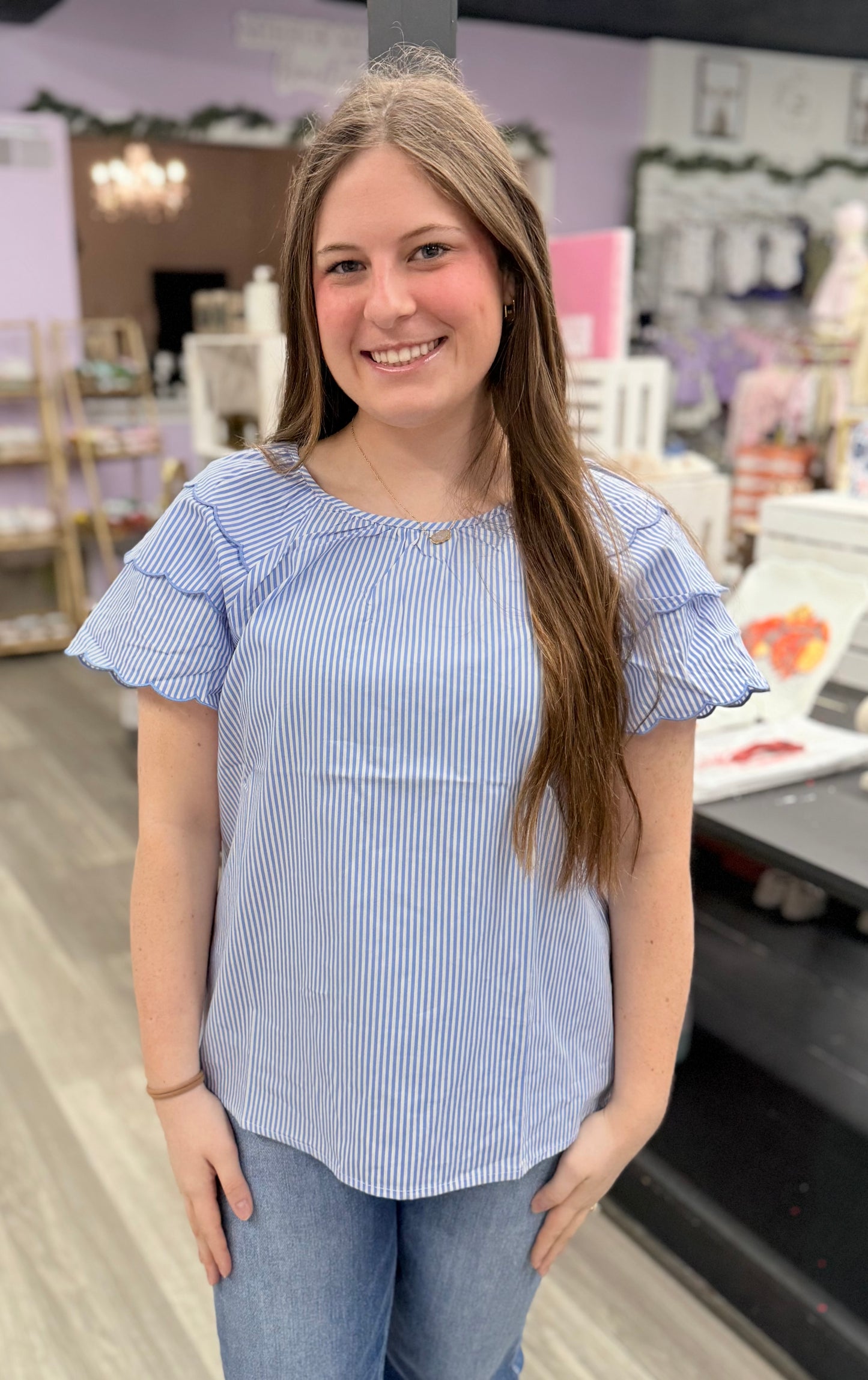 Blue & White Scalloped Detail Sleeve Top