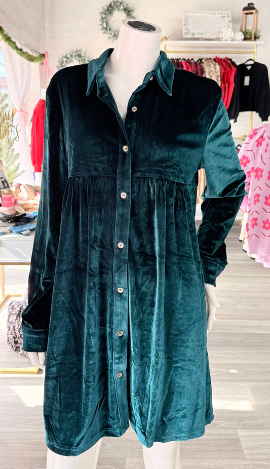 Emerald Velvet Button Dress