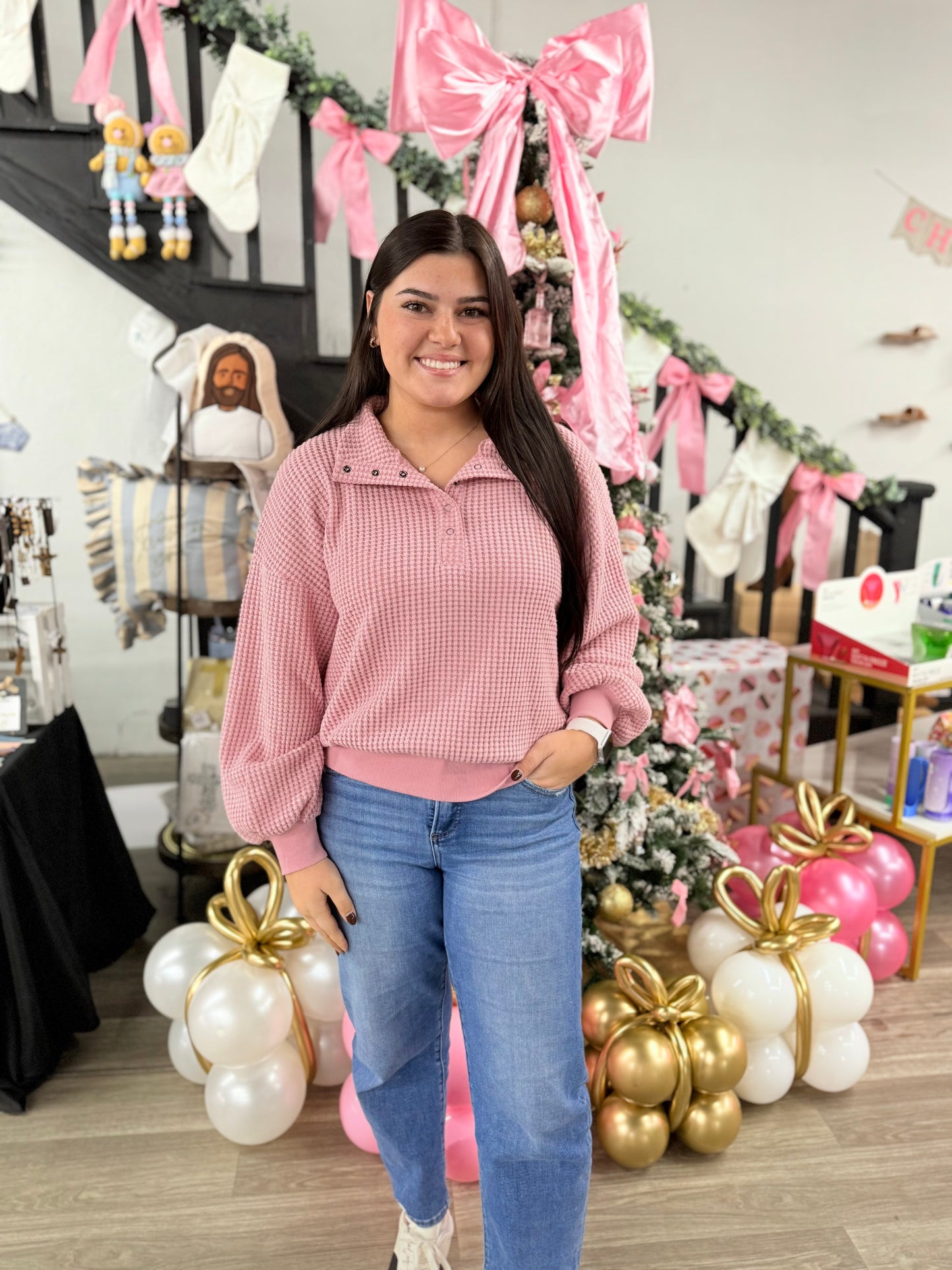 Waffle Knit Half Button Up Top