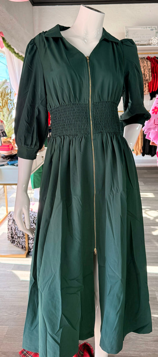 Forest Green Zipper Midi Dress