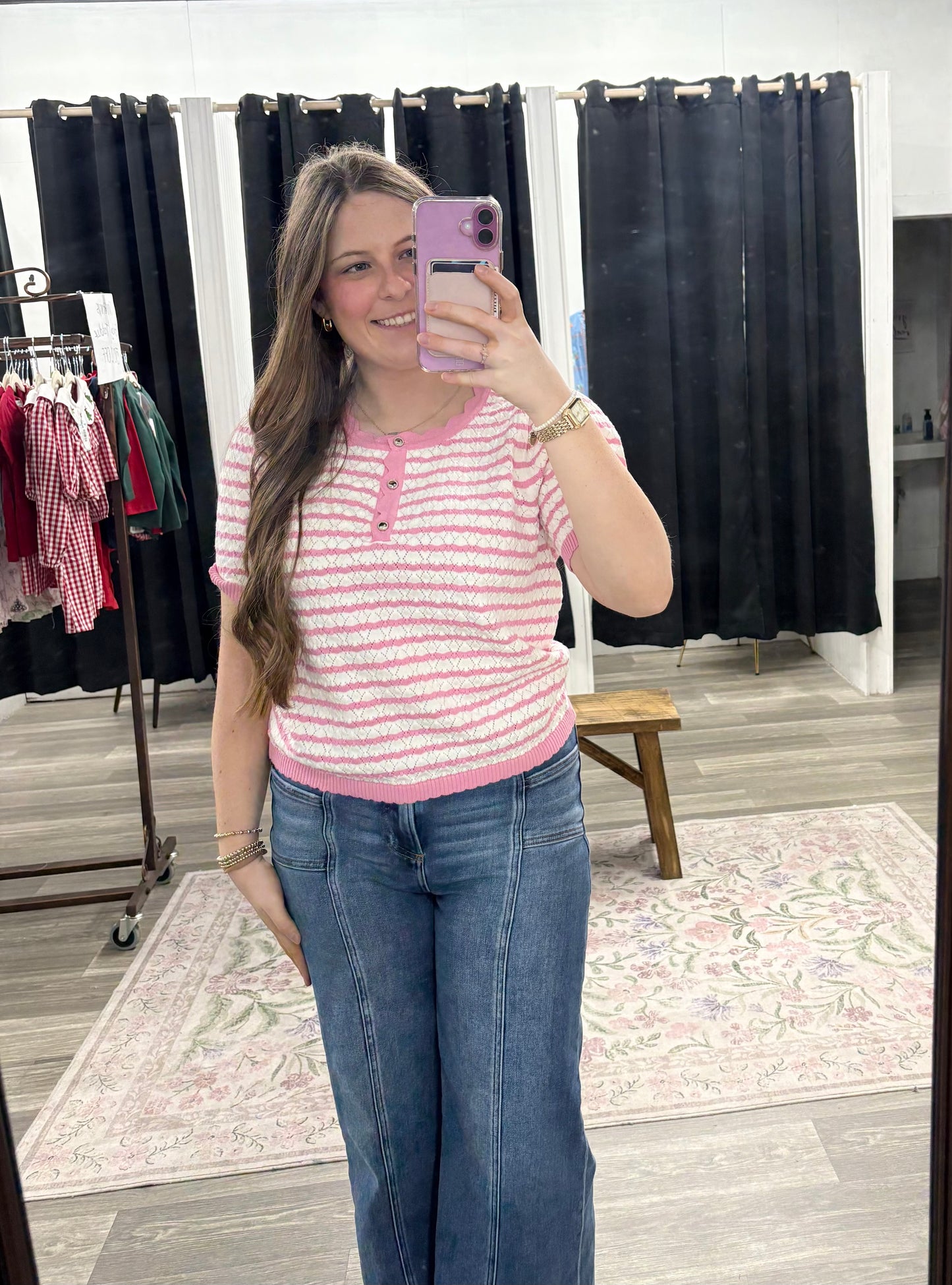 Pink & White Scalloped Striped Top