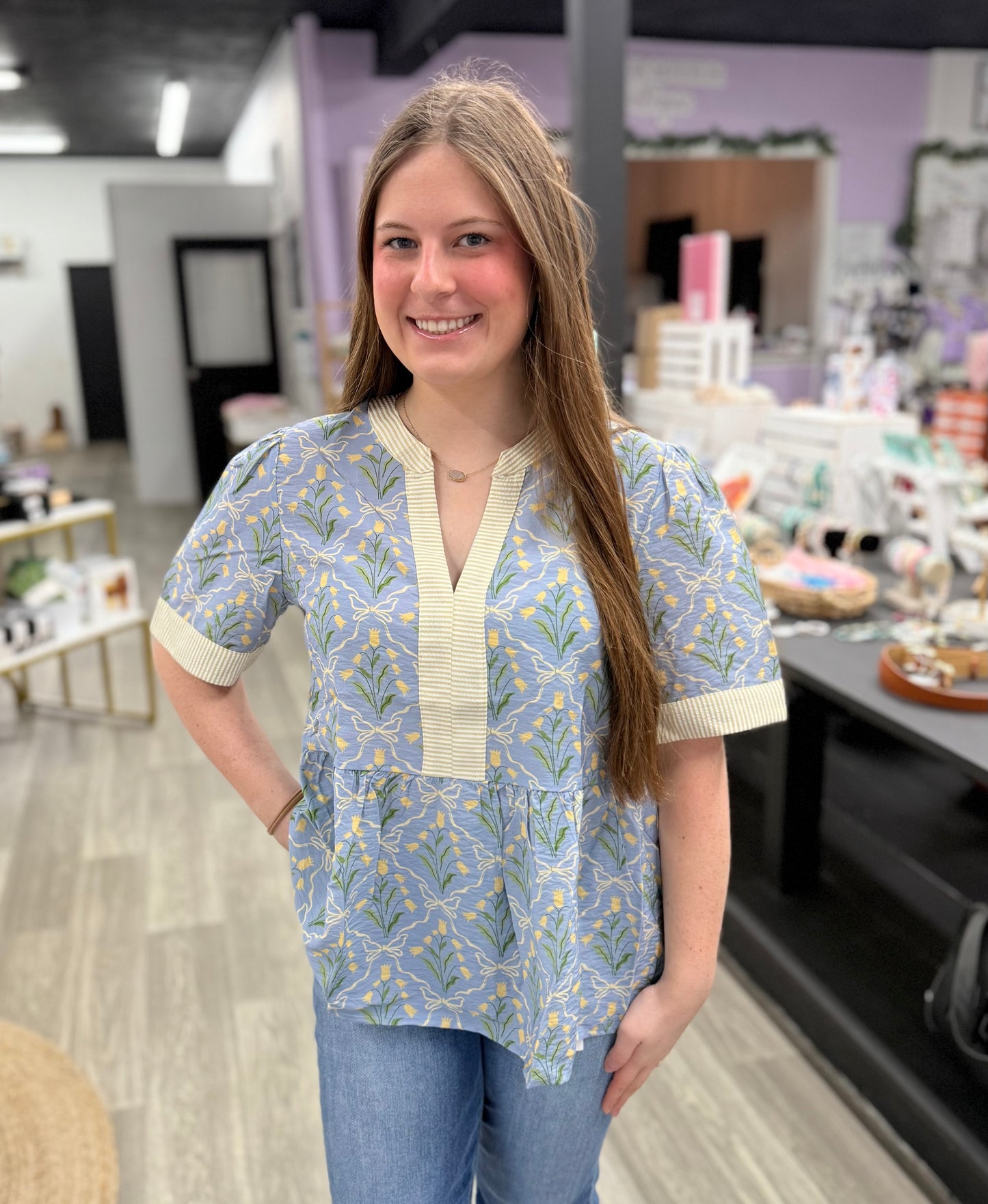 Dusty Blue & Taupe Babydoll Top