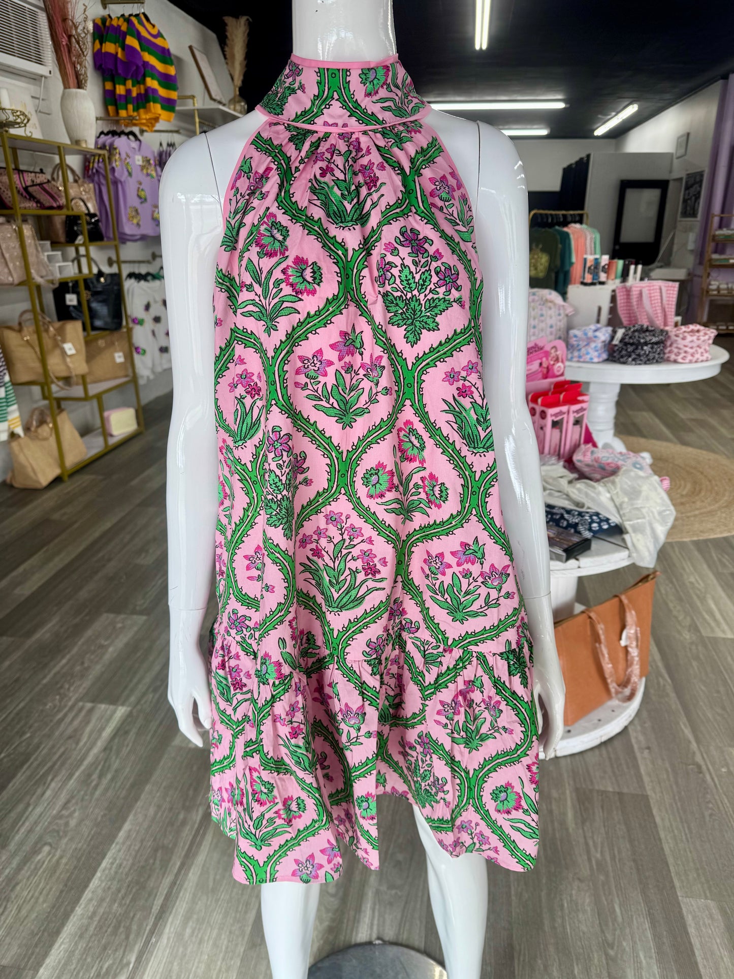 Pink Floral Halter Neck Dress