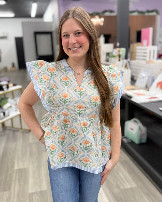 Light Blue & Orange Ruffle Sleeve Top