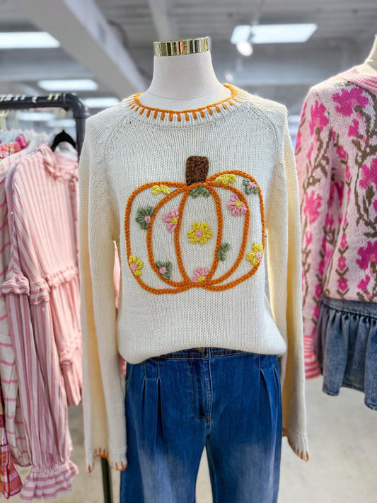 Pumpkin Floral Embroidered Sweater