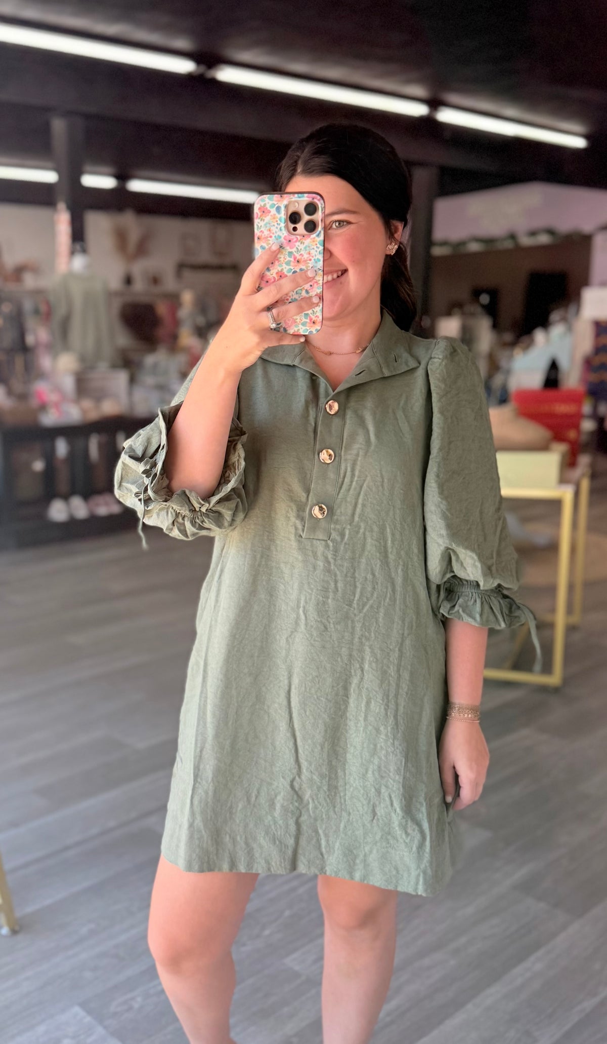 Olive Gold Button Detail Dress
