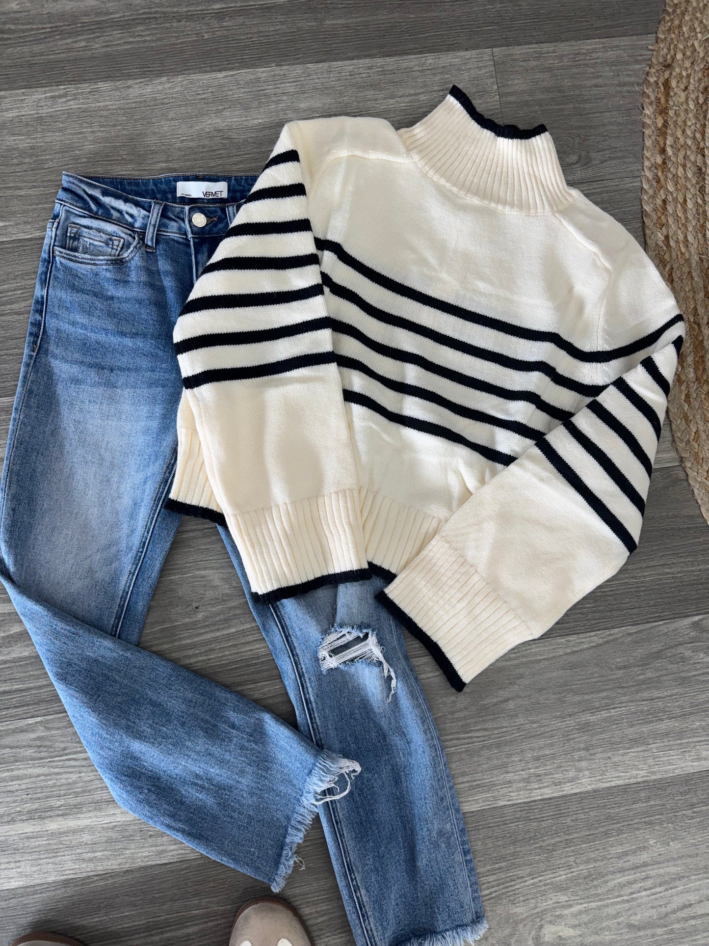 Cream High Neck Striped Sweater