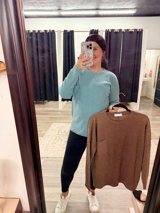 Ribbed Brushed Melange Pocket Top