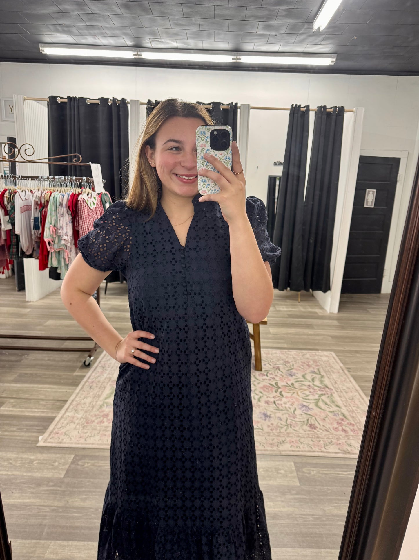 Navy Eyelet Midi Dress