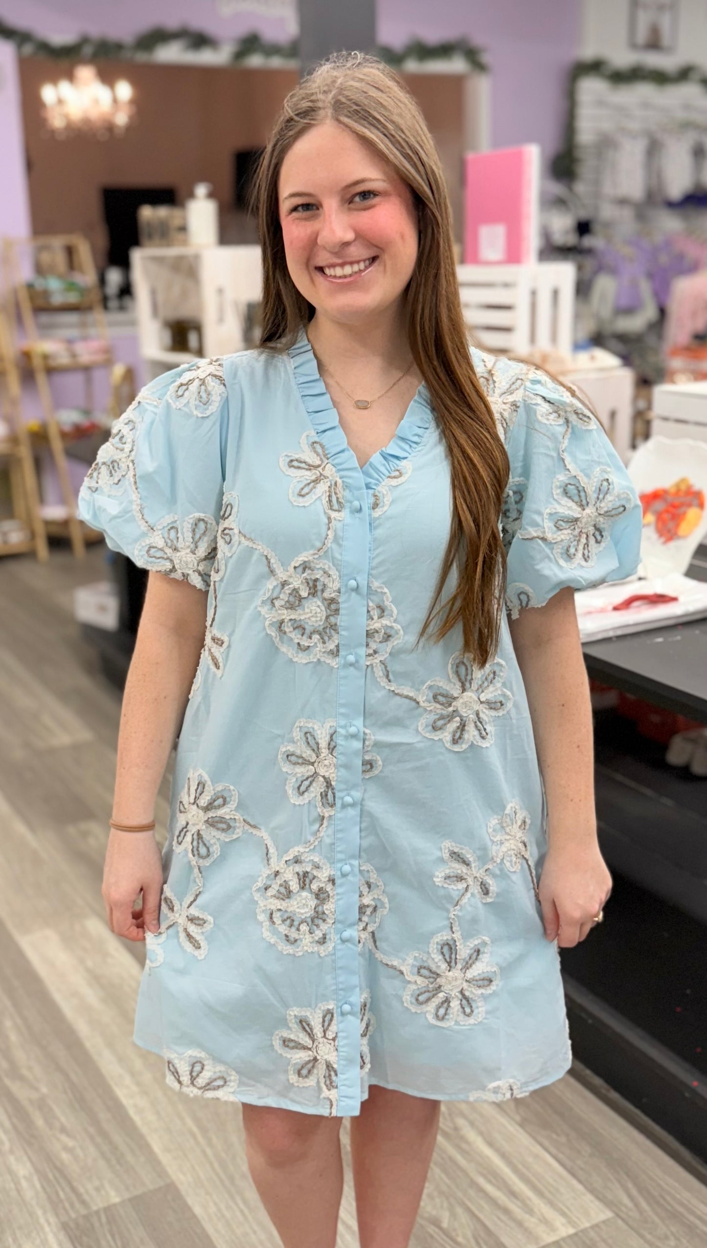 Light Blue Floral Embroidered Dress