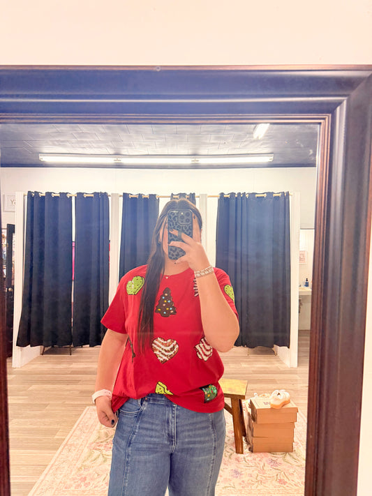 Red Debbie Cake Sequin Top