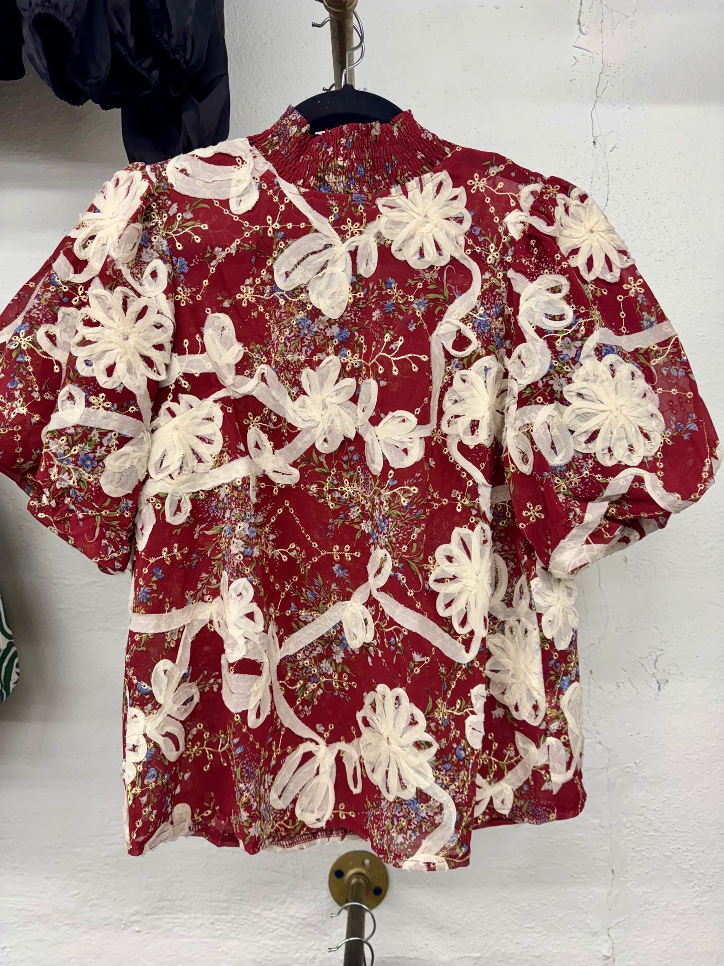 Red Smocked Mock Neck Top