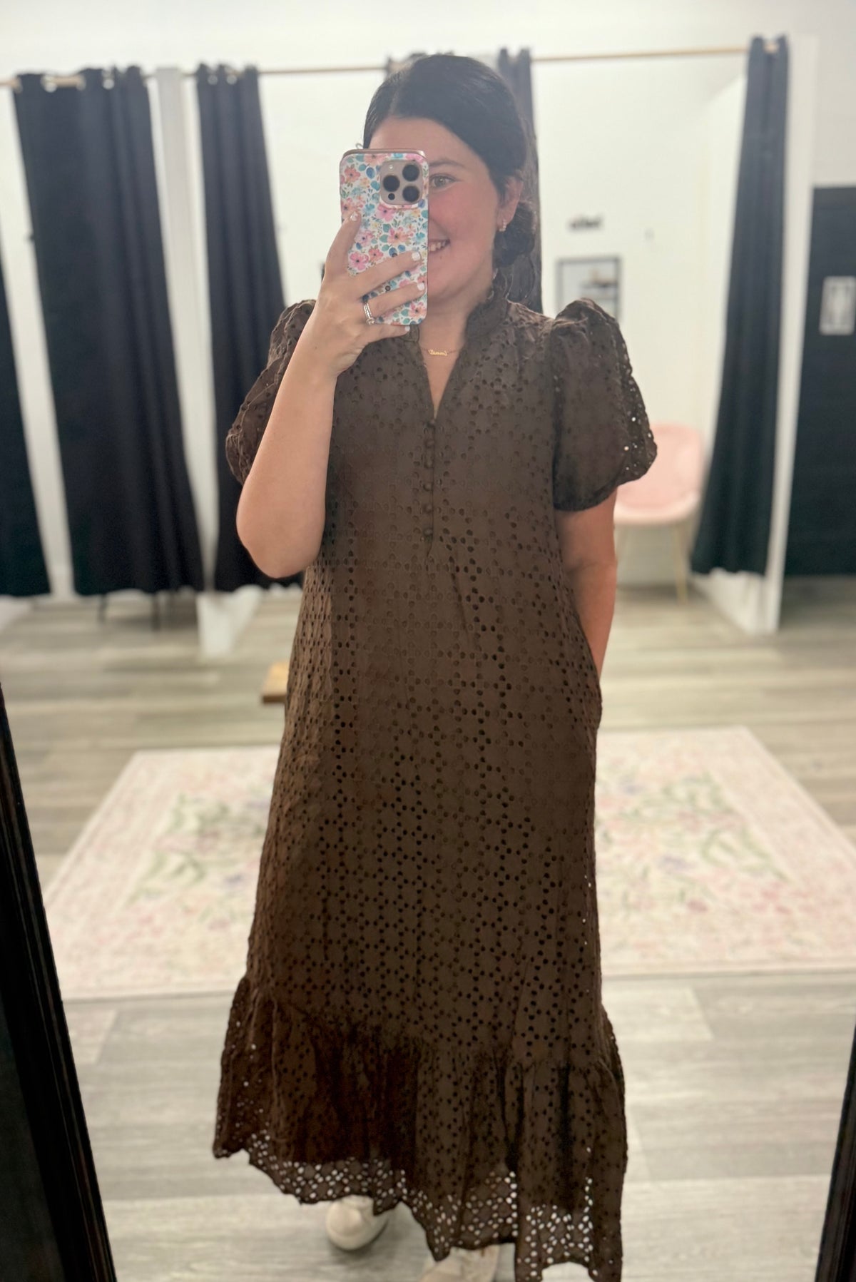 Brown Eyelet Midi Dress
