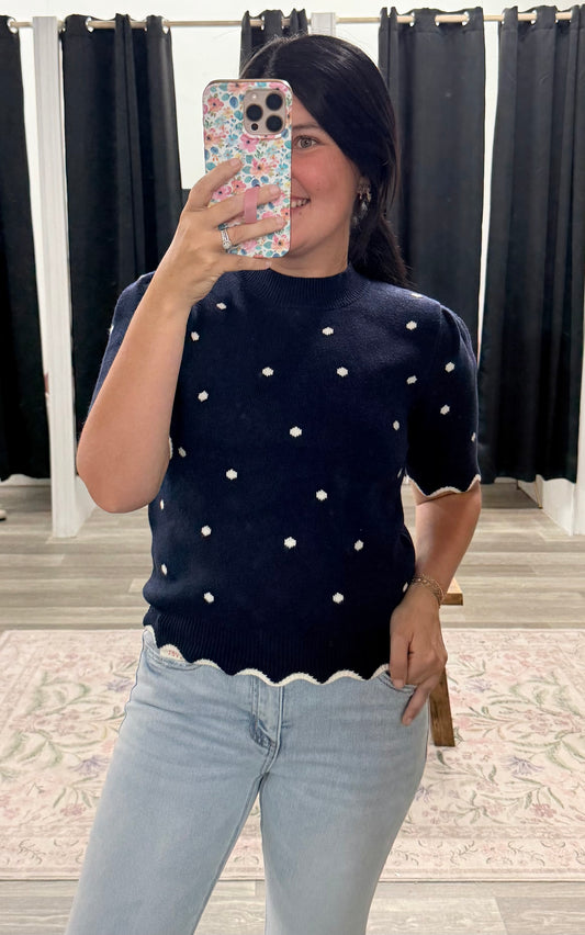 Navy Polka Dot Sweater Top