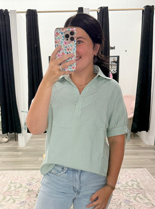 Green & White Collared Top