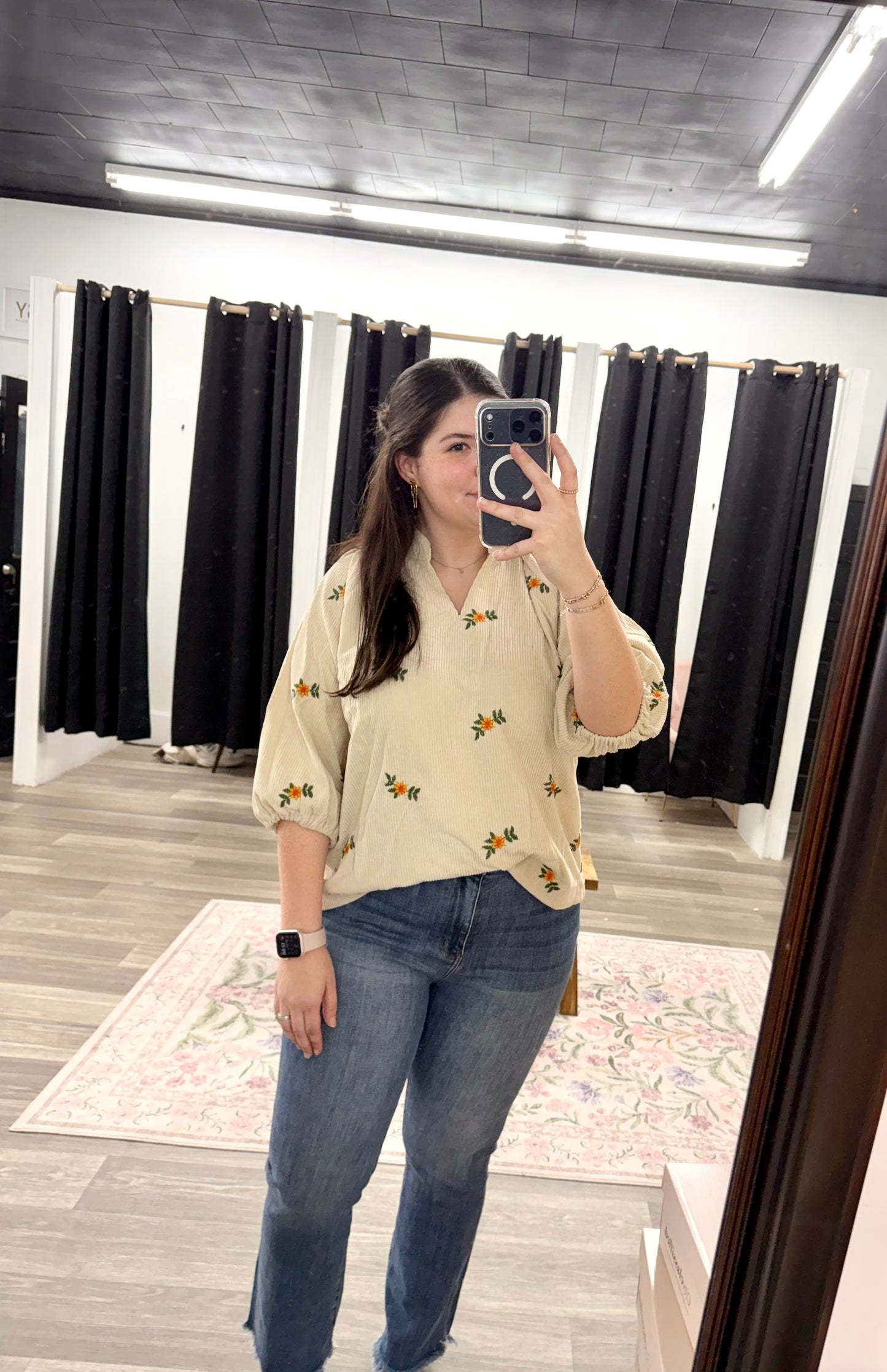 Cream Flower Embroidered Corduroy Top