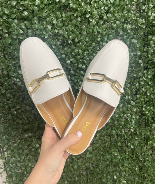 White & Gold Buckle Mules
