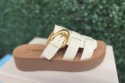Beige Gold Buckle Platforms