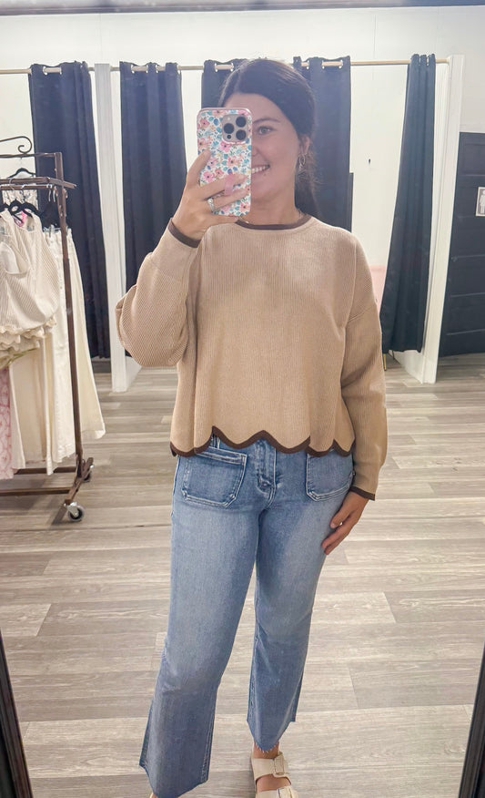 Mocha Contrast Scalloped Sweater