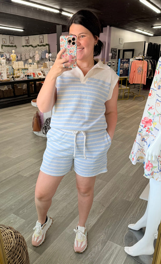 Light Blue Cloudy Knit Striped Short Set