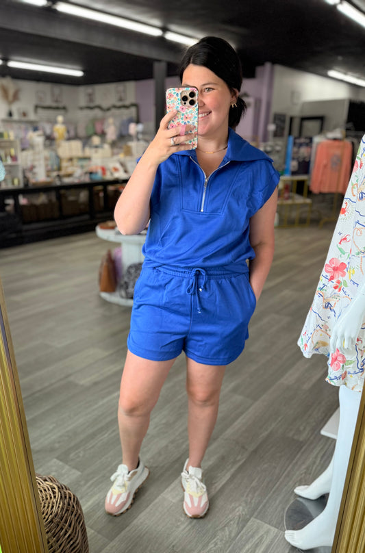 Cobalt Blue Half Zip Short Set
