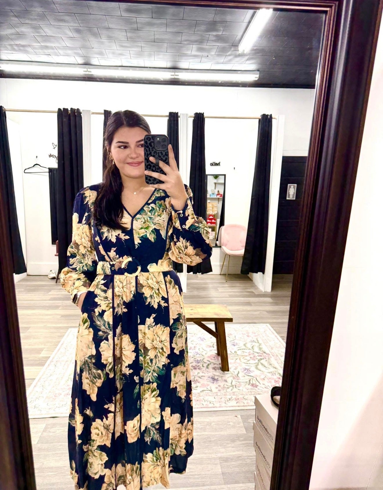 Navy Floral Belt Midi Dress