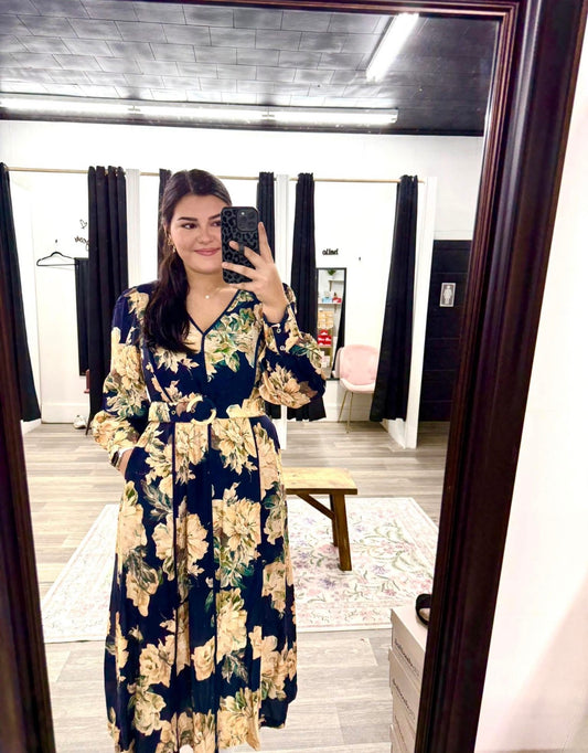 Navy Floral Belt Midi Dress