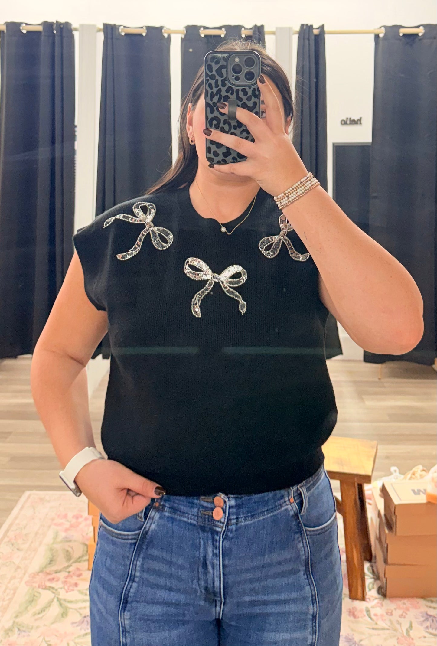 Black Sequin Bow Sweater Top