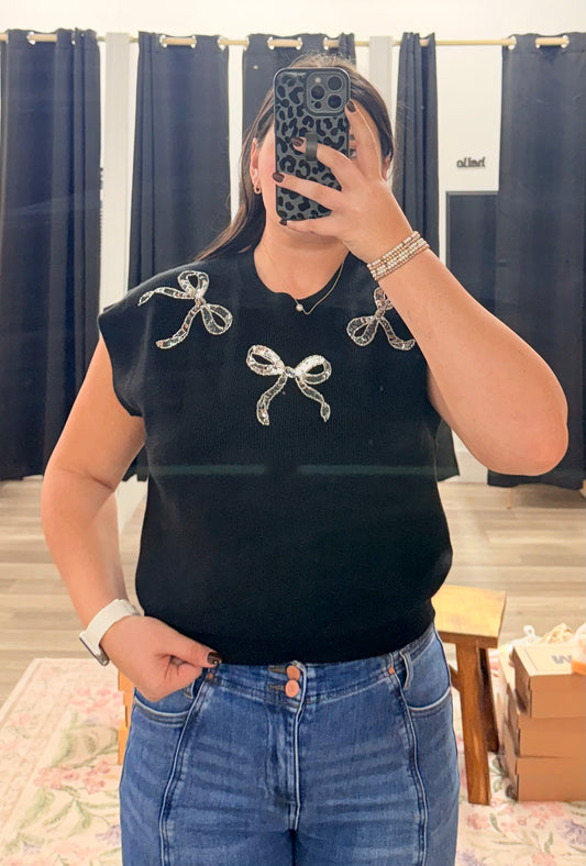 Black Sequin Bow Sweater Top