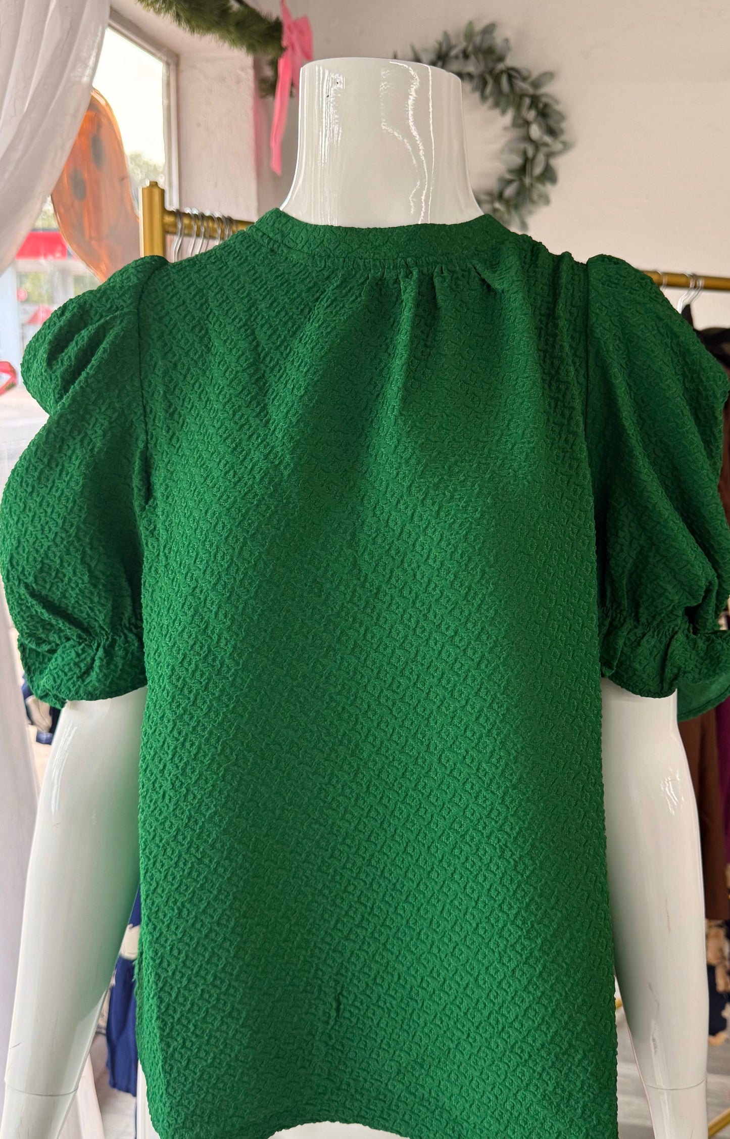 Green Ruched Puff Sleeve Textured Top
