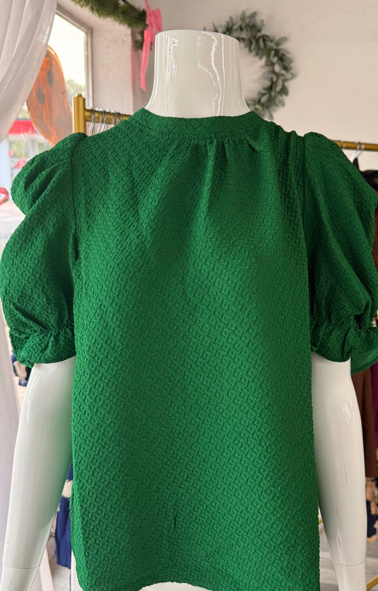 Green Ruched Puff Sleeve Textured Top