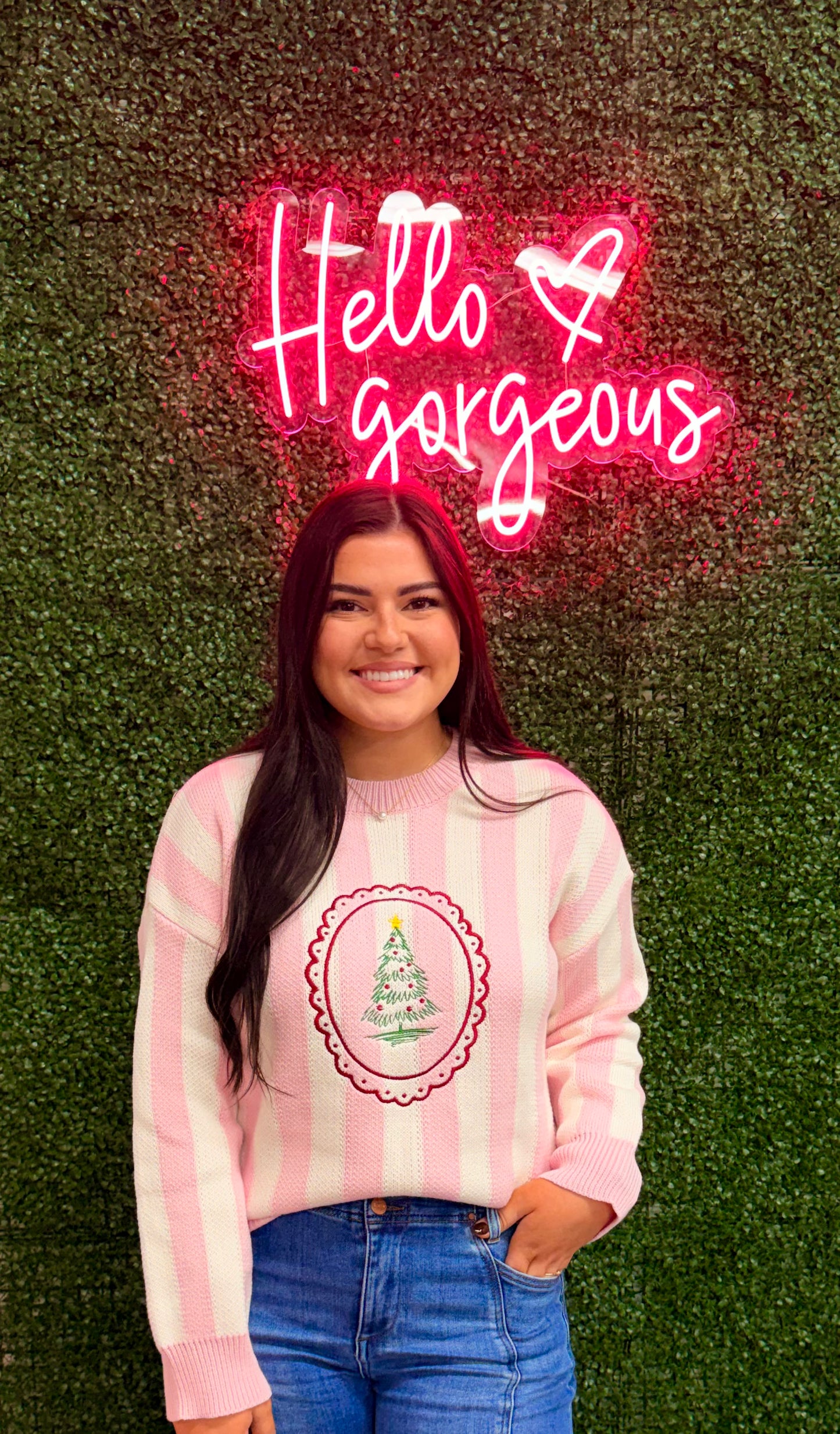 Pink Striped Christmas Tree Embroidered Sweater