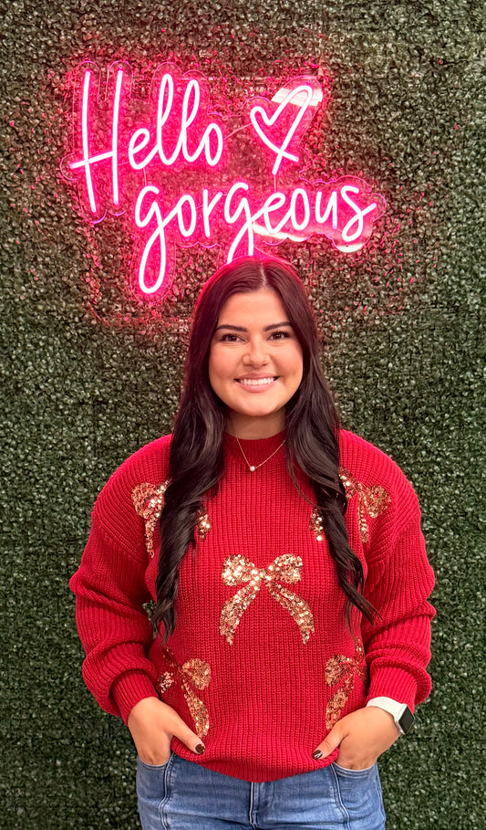 Red & Gold Bow Sequin Sweater