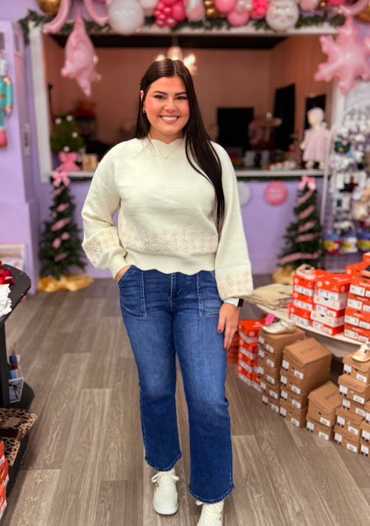 Cream Scalloped Embroidered Detail Top