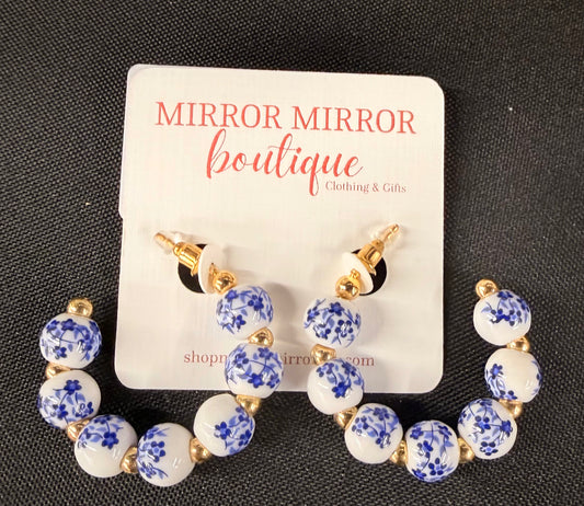 Blue Toile Hoop Earrings