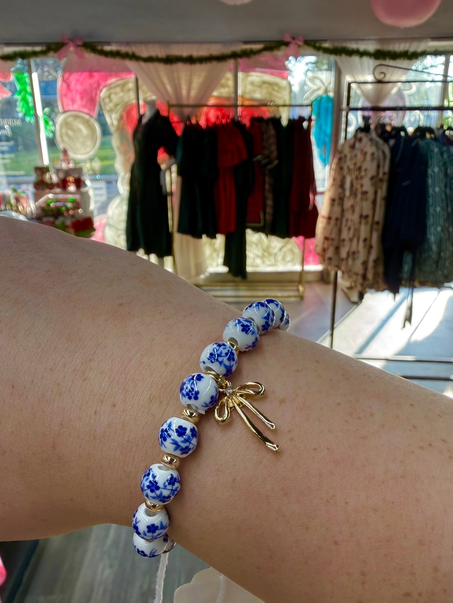 Blue Toile Bow Charm Bracelet