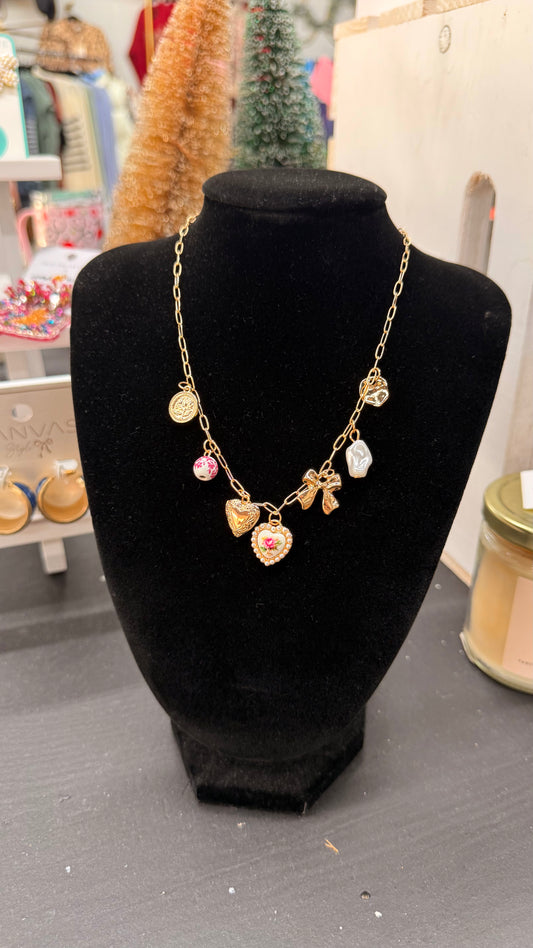 Pink Toile Charm Link Necklace