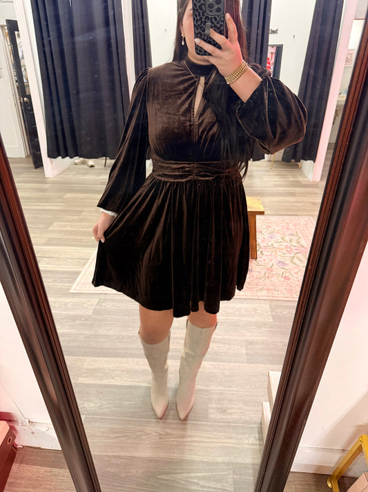 Brown Velvet Mock Neck Dress